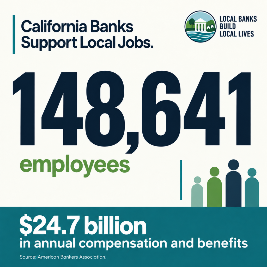 Infographic: California banks support 148,641 employees and $24.7 billion in annual compensation and benefits. Source: American Bankers Association.