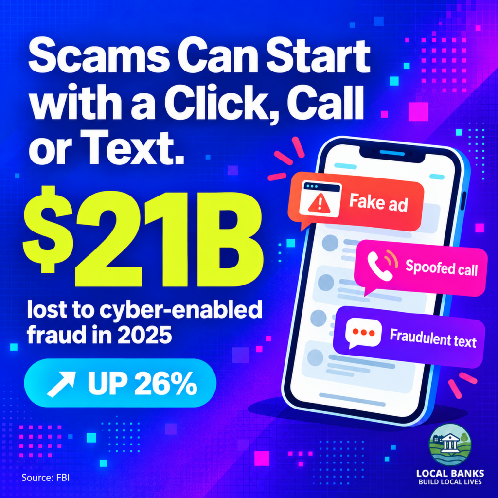 Infographic: $21 billion was lost to cyber-enabled fraud in 2025, up 26 percent. Scams can start with a fake ad, spoofed call or fraudulent text. Source: FBI.